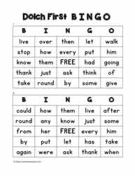 Dolch First Bingo Cards 7-8