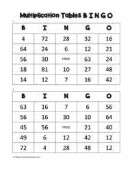 Multiplication bingo Cards 19-20