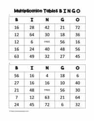 Multiplication Bingo Cards 21-22