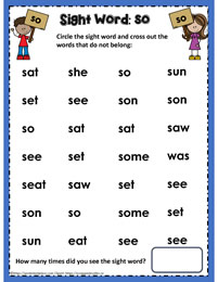 Sight Word so Worksheets