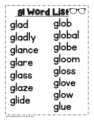 Gl word study lists, glow, glad etc.