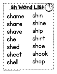 Sh word study lists, shoe, shop etc.
